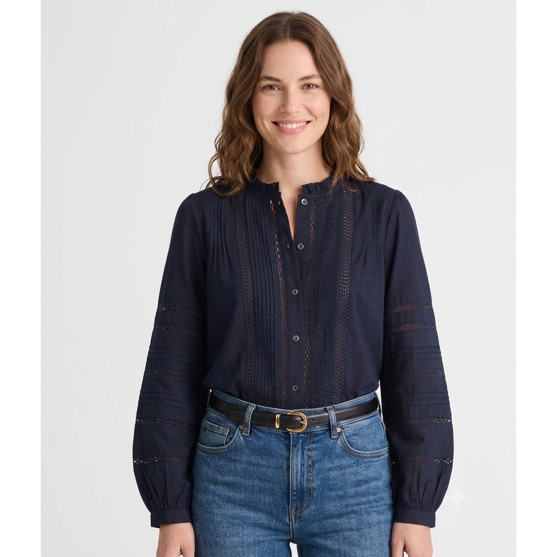 Madewell Top Womens 2XS Lace Insert High Neck Pintuck Top Classic Navy NZ418 XXS