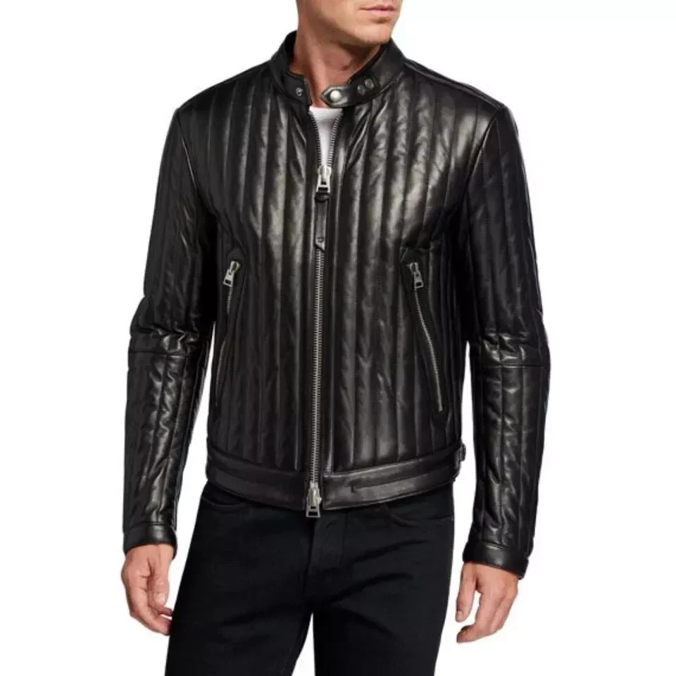 100% Handmade TOM FORD Men\'s Vertical Channel Real Leather Racer Lambskin Jacket