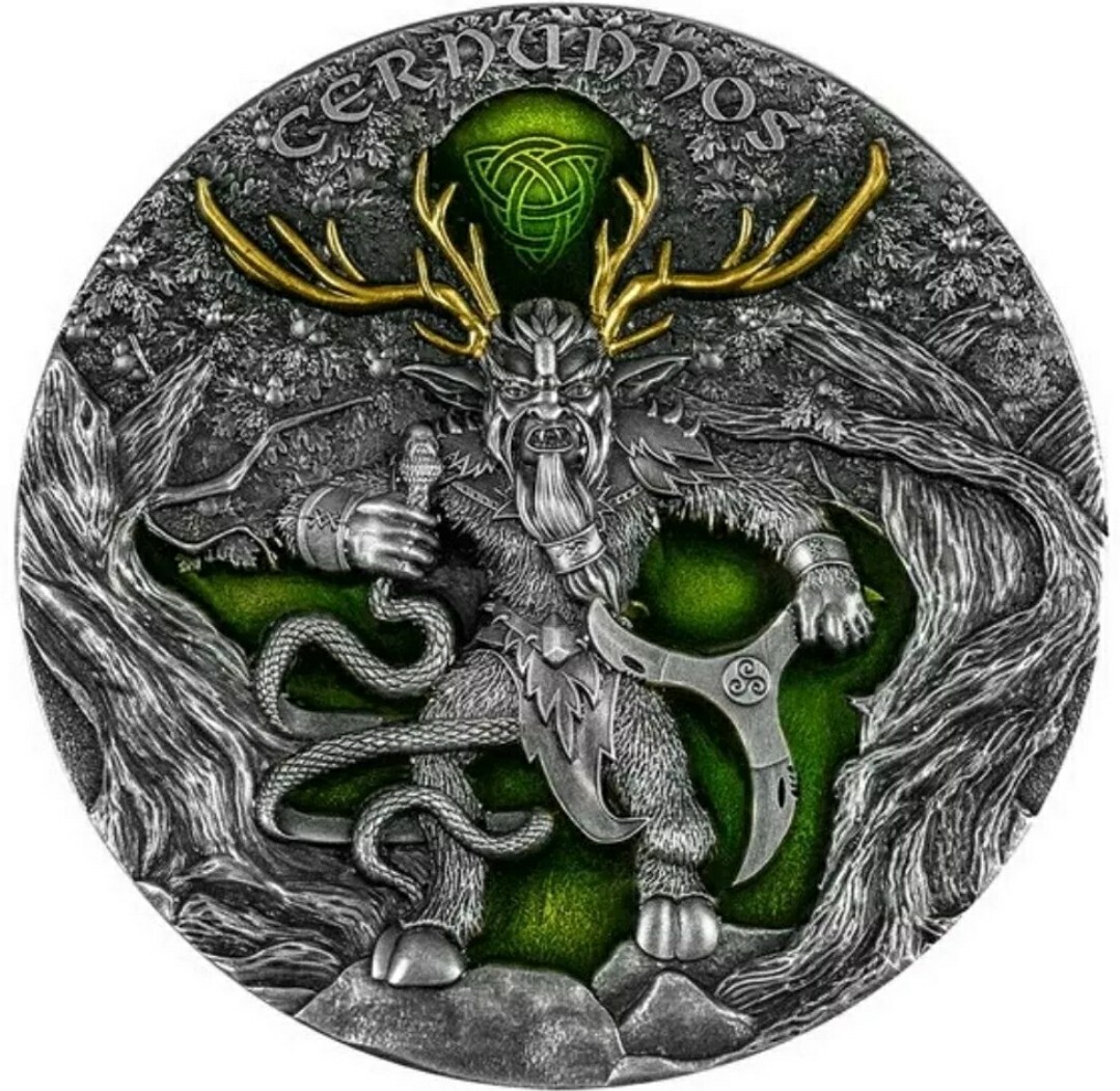 2022 2 Oz Silver $5 Niue Horned God CERNUNNOS Antique Finish Coin.