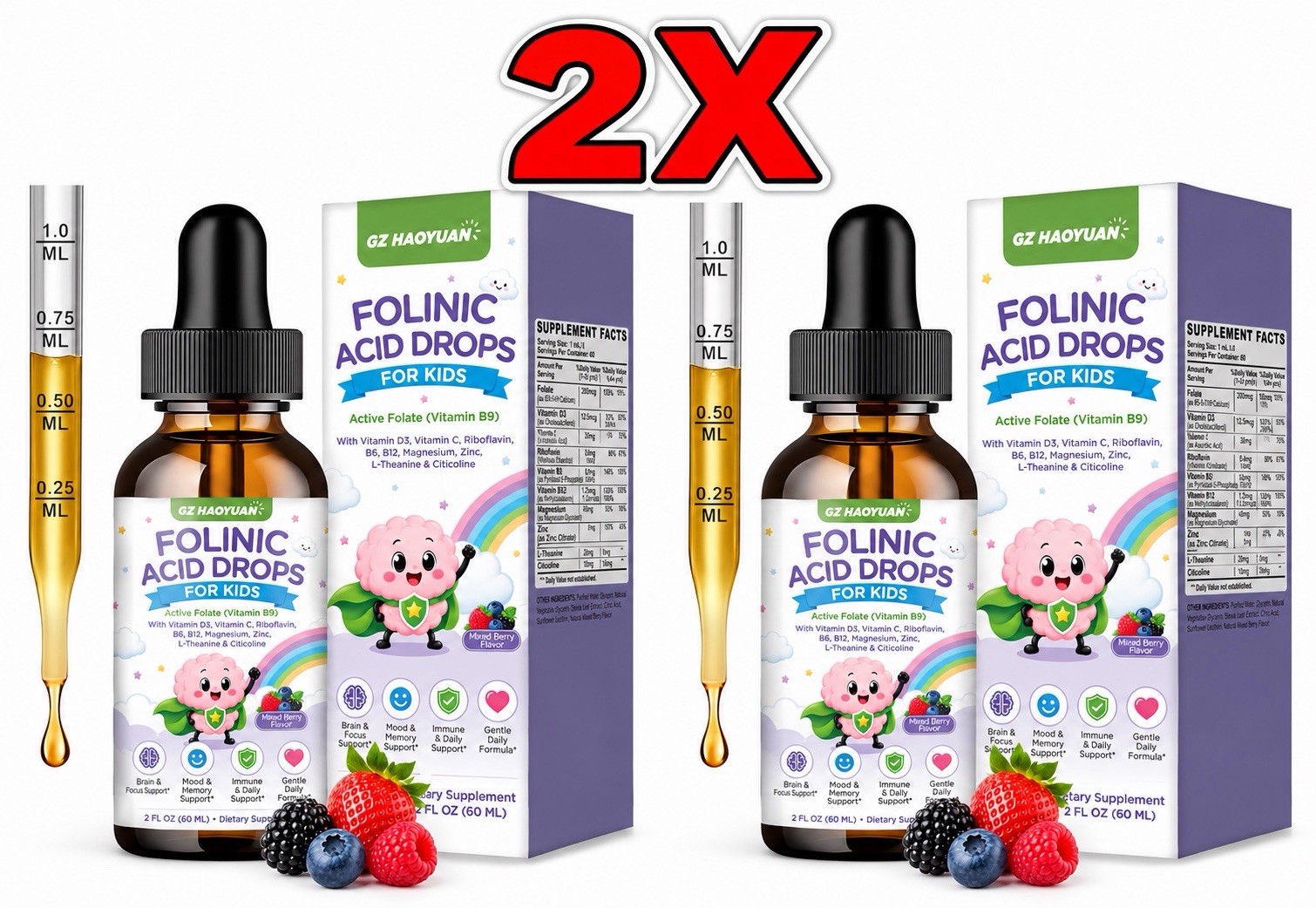 2 PACK Folinic Acid Drops for Kids 2 fl oz Each Mixed Berry
