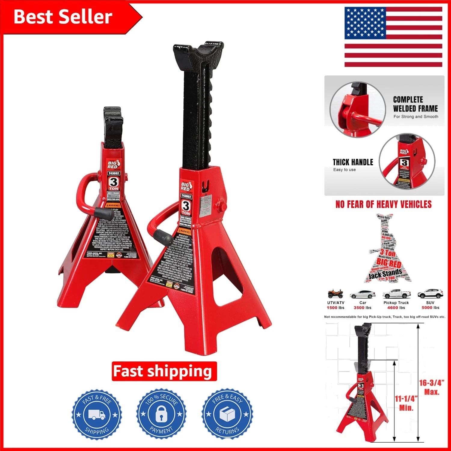 T43202 Heavy Duty 3 Ton Car Jack Stands - Durable Steel & Adjustable Height