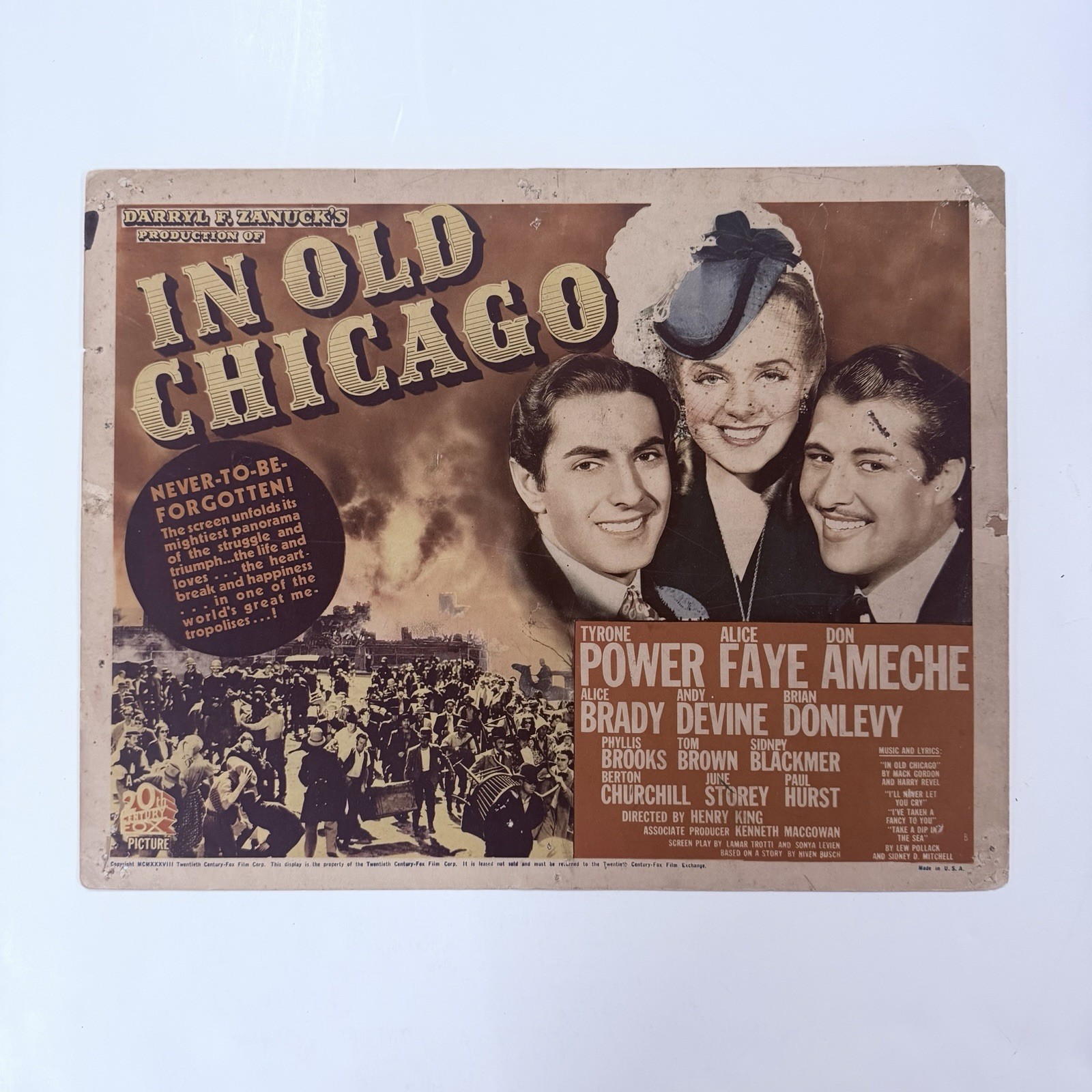 1938 In Old Chicago Original 11x14” Title Lobby Card Tyrone Power Alice Faye 1938 In Old Chicago Original 11x14” Title Lobby Card Tyrone Power Alice Faye