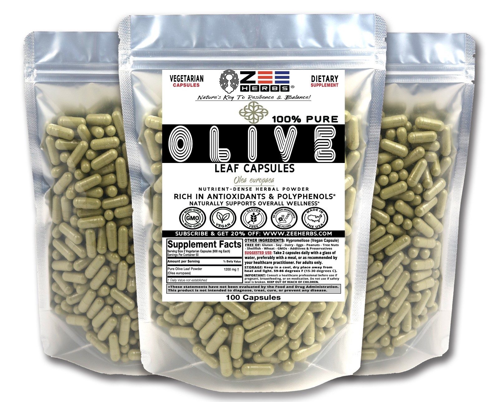 Pure Olive Leaf Capsules 1200mg All Natural | Vegan Non-GMO - Made in USA