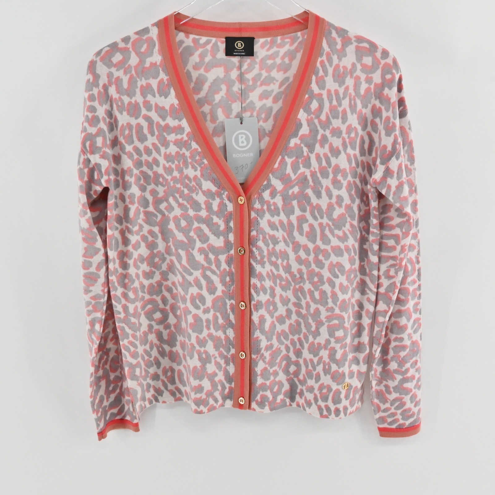 Bogner Rena Cardigan Sweater Womens Size M Coral Pink Grey Virgin Wool Leopard