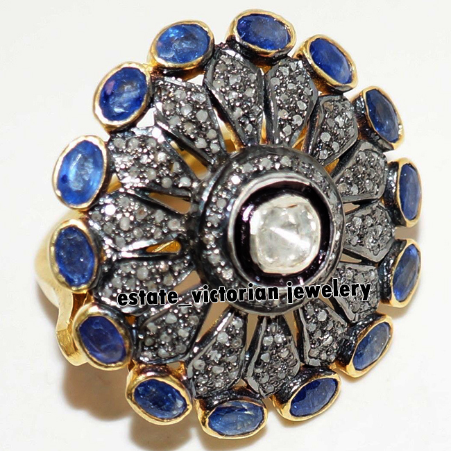 Stunning 2.40Ctw Rose Antique Cut Diamond Sapphire Silver Victorian Ring Jewelry