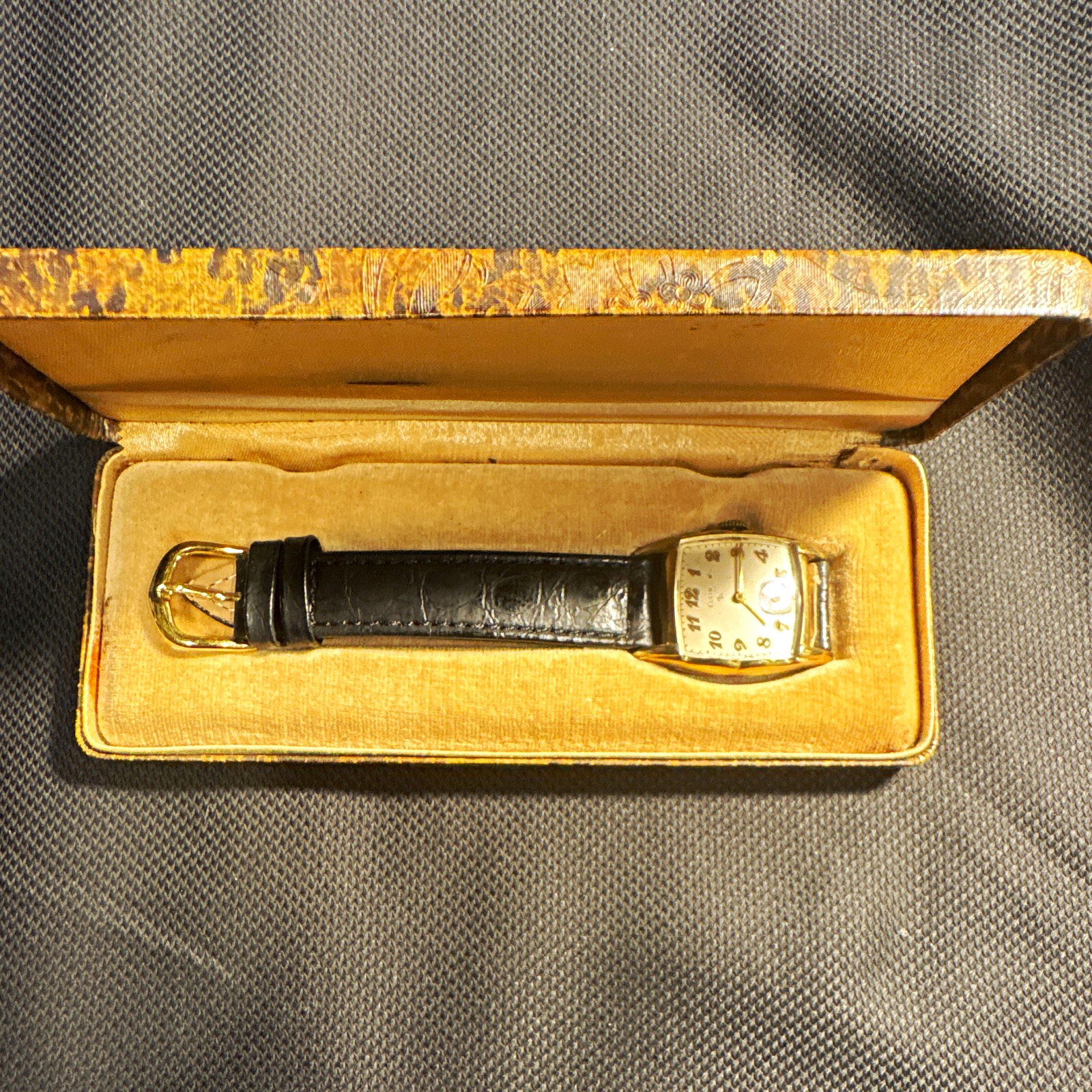 Elgin 1920s Manual Wind Rectangle 24mm Gold Plated Silver Dial Box Papers