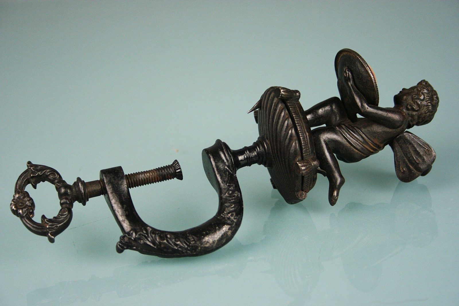Berlin IRON WINGED CHERUB / CUPID FIGURAL SEWING CLAMP WITH PINCUSHION HOLDER