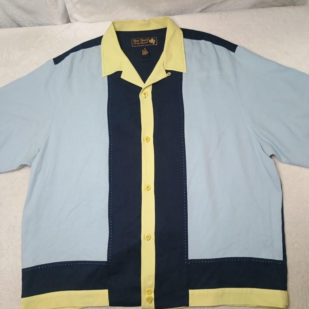 Nat Nast Shirt Mens XL Blue Colorblock Silk Button-Up Relaxed Summer Luxury Work