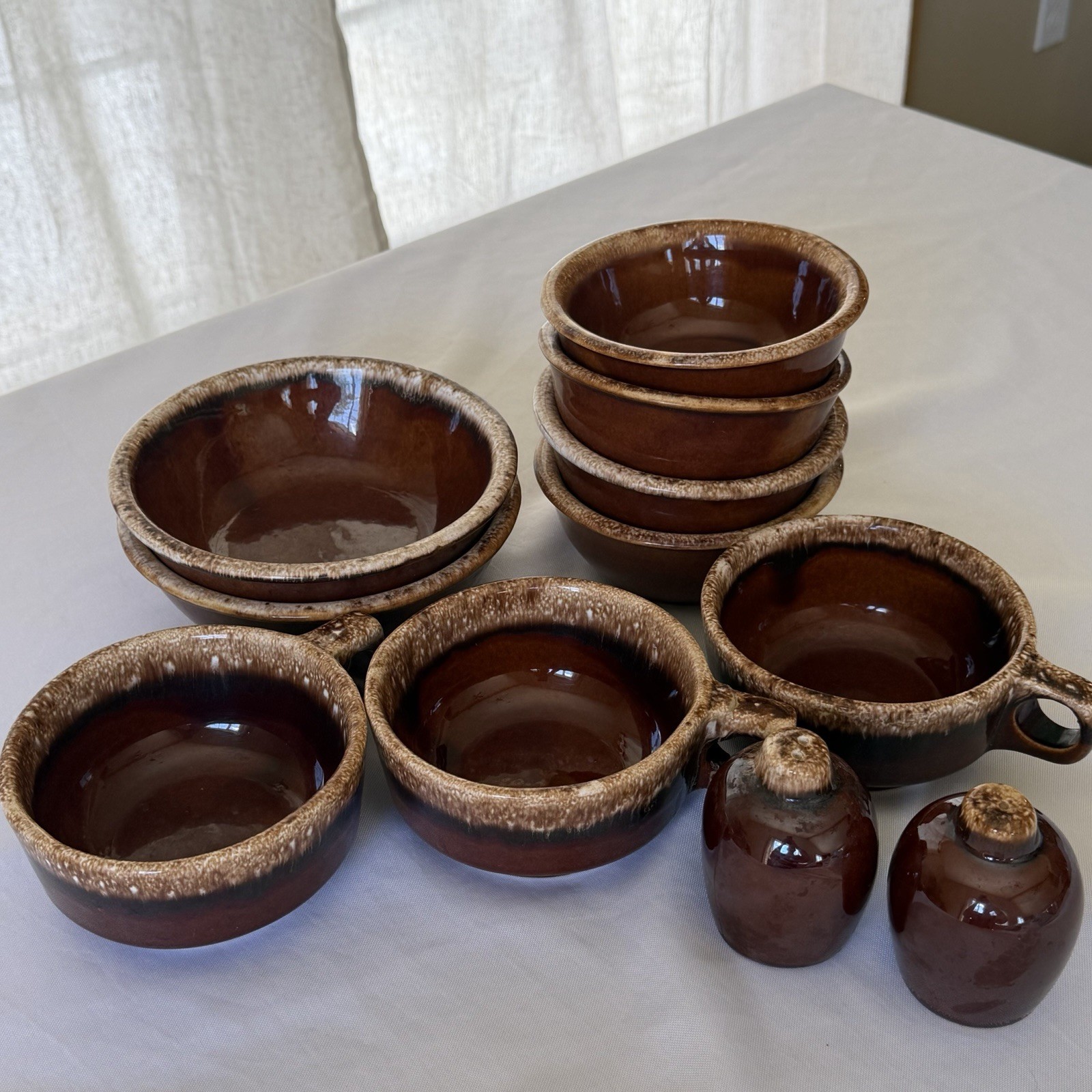 Vintage Hull Brown Drip Pottery Bowls Soup Crocks Salt Pepper 12 Pc Lot USA