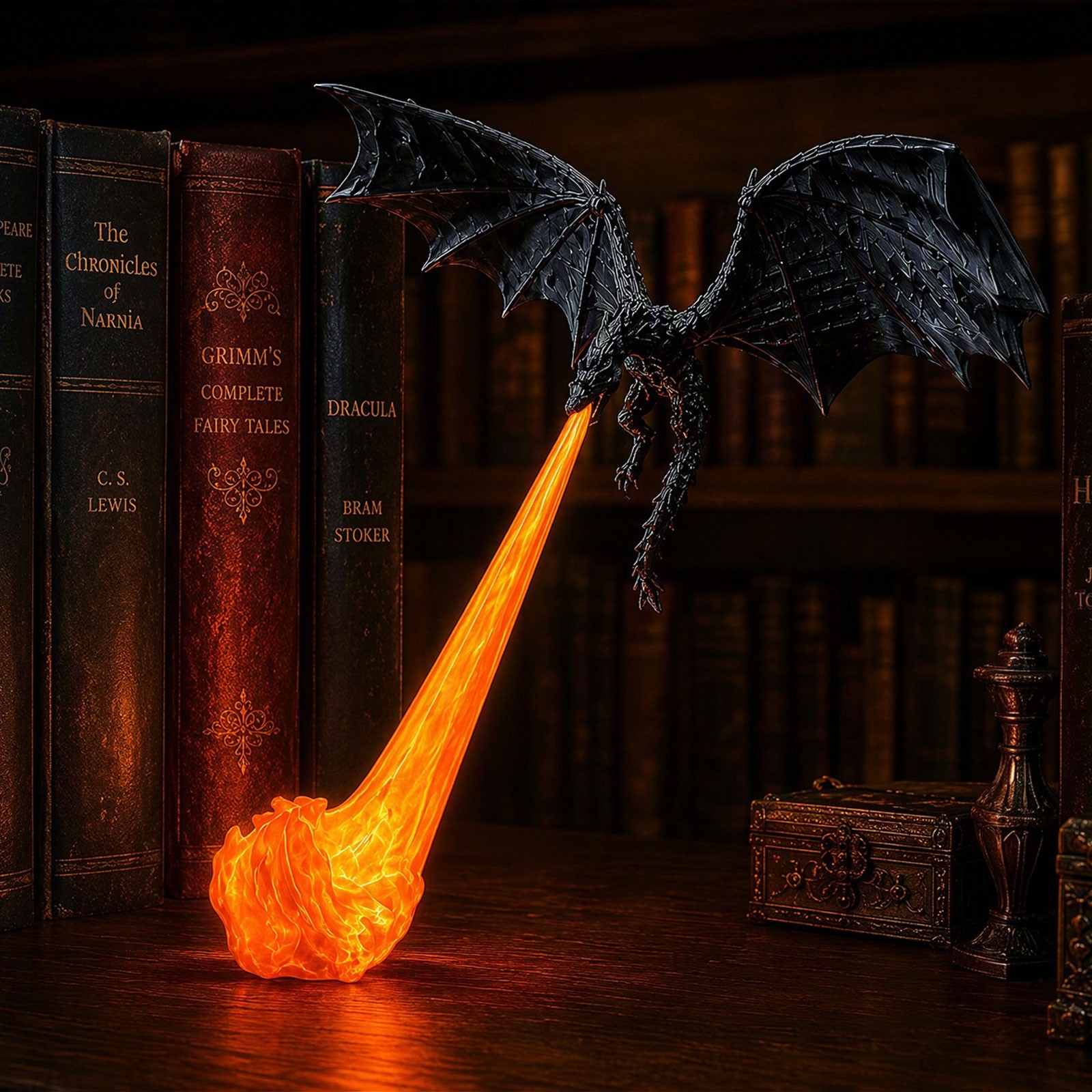 Dragon Bookshelf Nook Light,Fire-Breathing Fantasy Decor Halloween Shelf Display