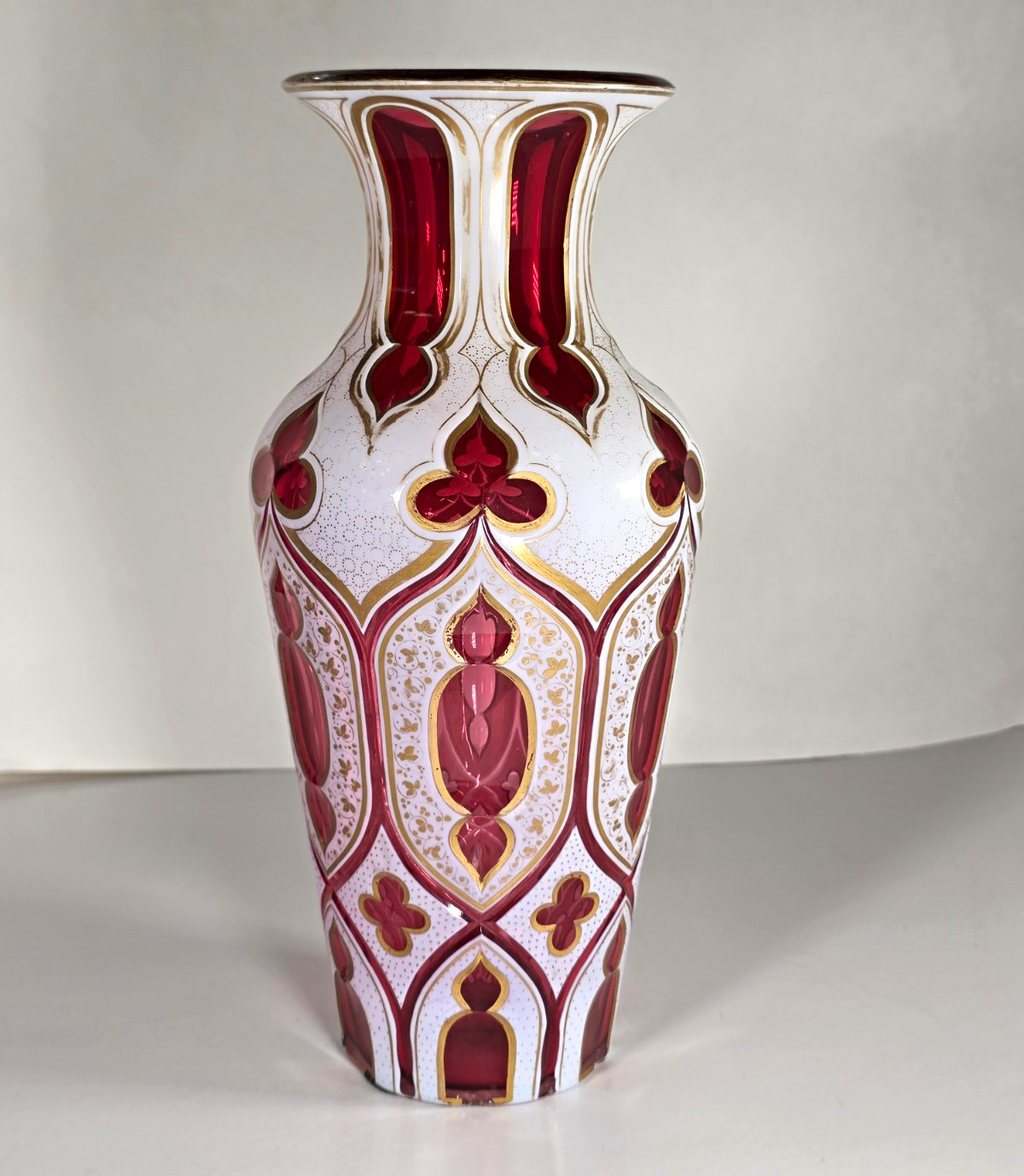 Large Ruby Antique Bohemian Glass Moser Cranberry Overlay Vase 14.25