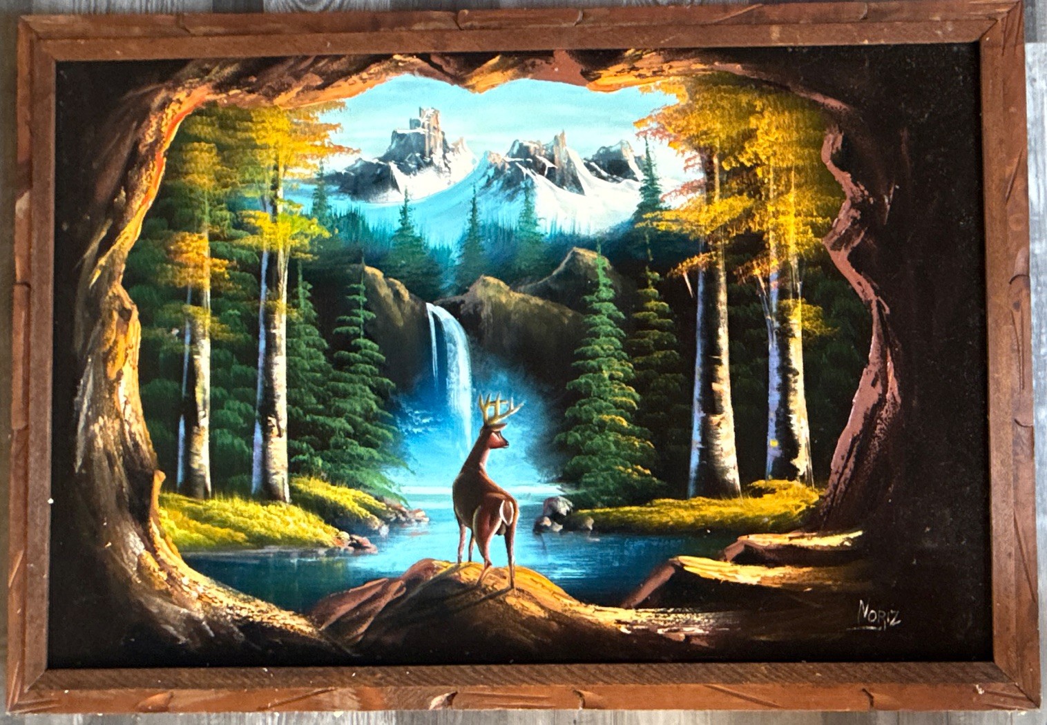 Vintage NORTZ Signed 39x27 Framed Deer Mountain Waterfall Landscape Painting Vintage NORTZ Signed 39x27 Framed Deer Mountain Waterfall Landscape Painting