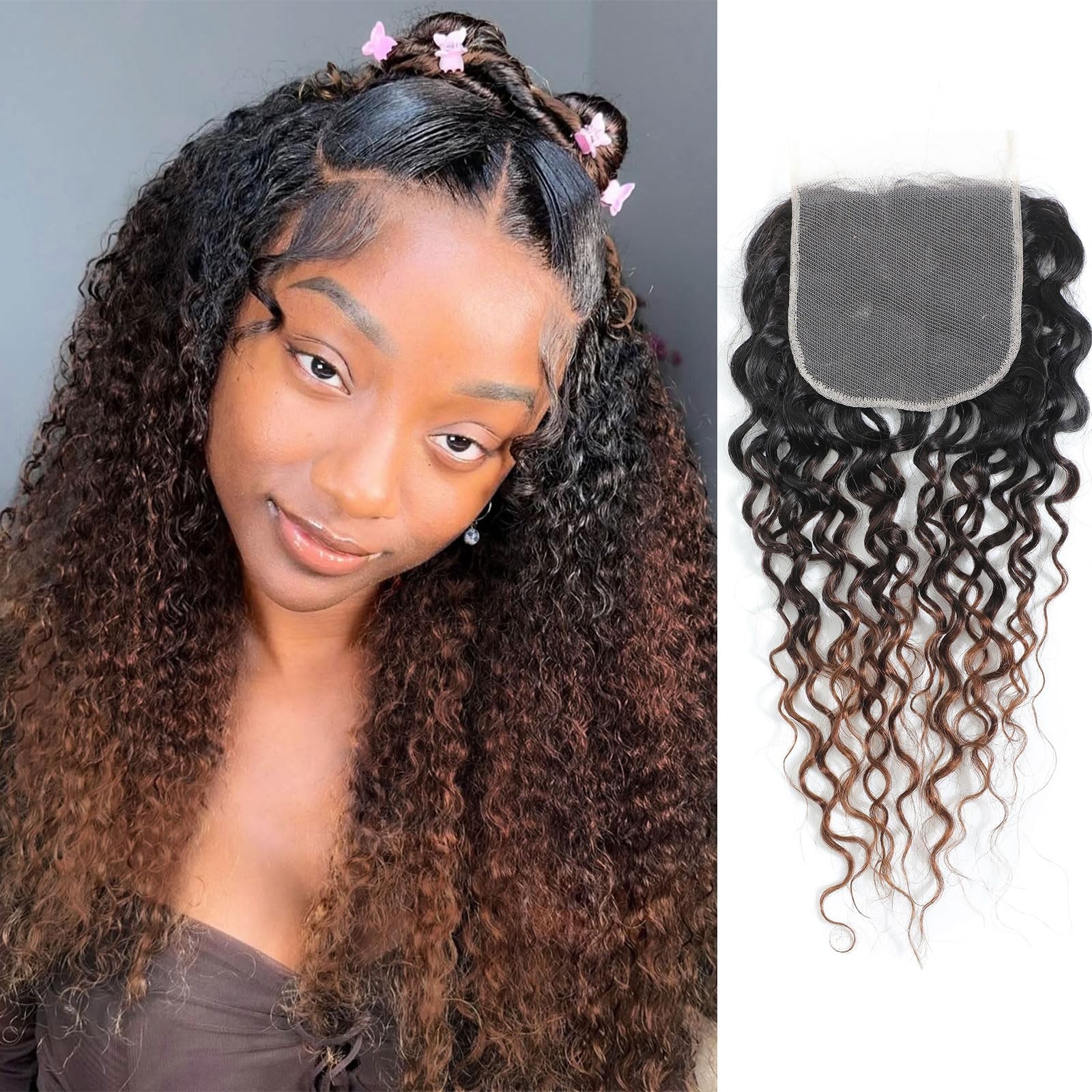 DSEKCAIN T1B/2/30 Ombre Water Wave 5x5 Lace Closure 100% Real Human Hair 14 Inch