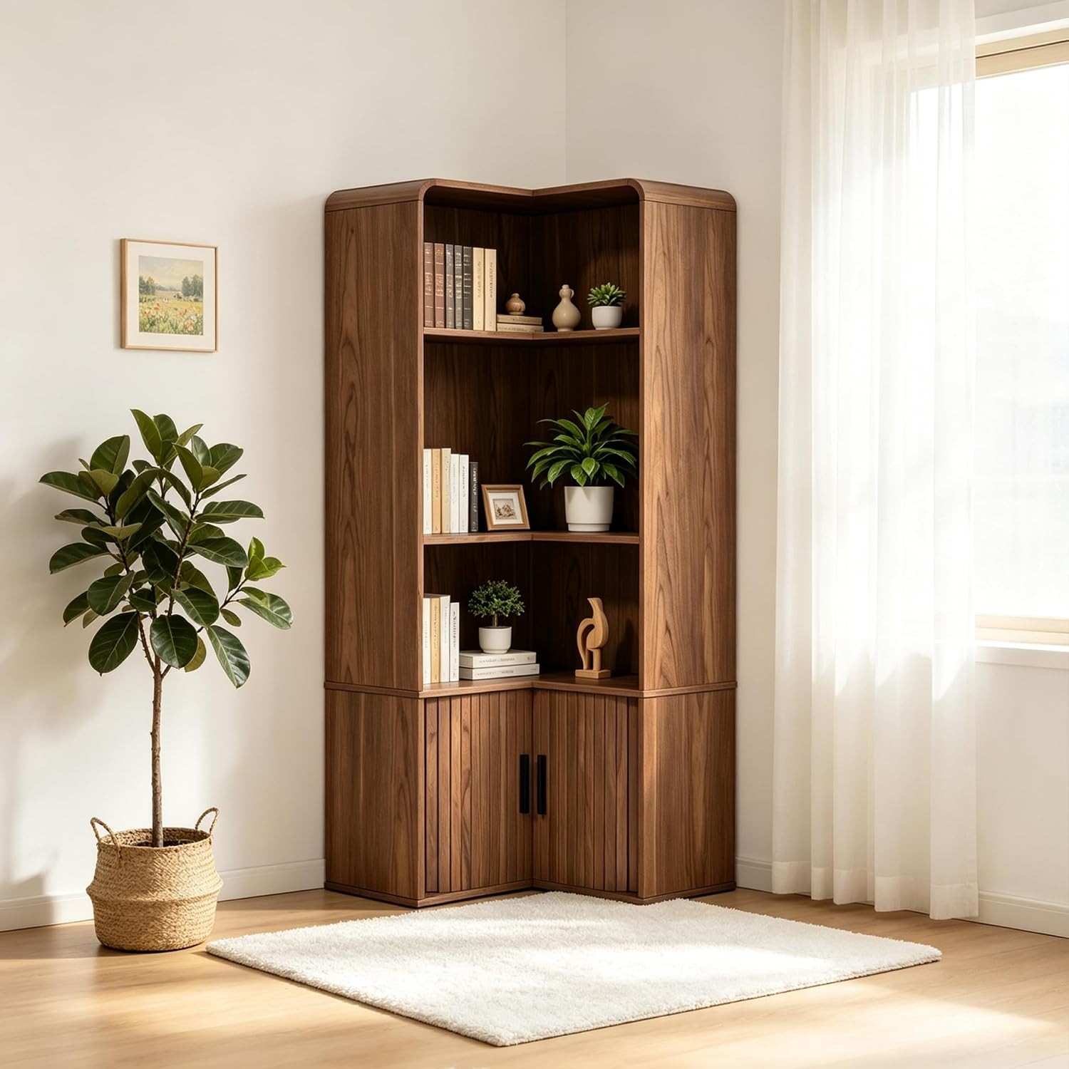 L Shaped Walnut Corner Tall Bookshelf Large Capacity Storage Shelf L Shaped Walnut Corner Tall Bookshelf Large Capacity Storage Shelf