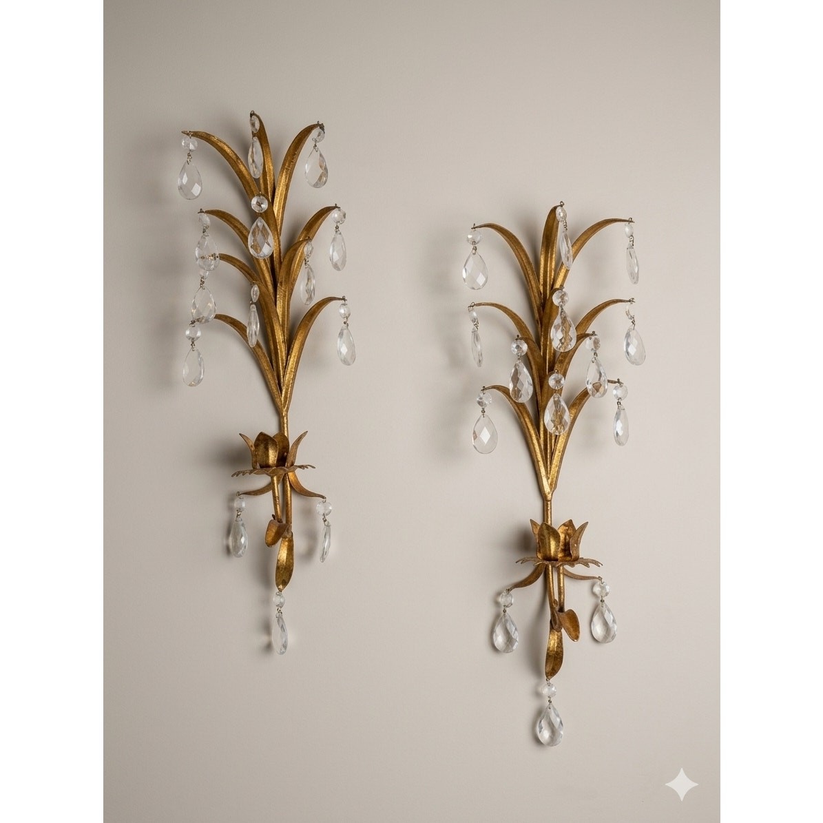 Vintage Italian Gold Tole Crystal Wall Sconces 18\