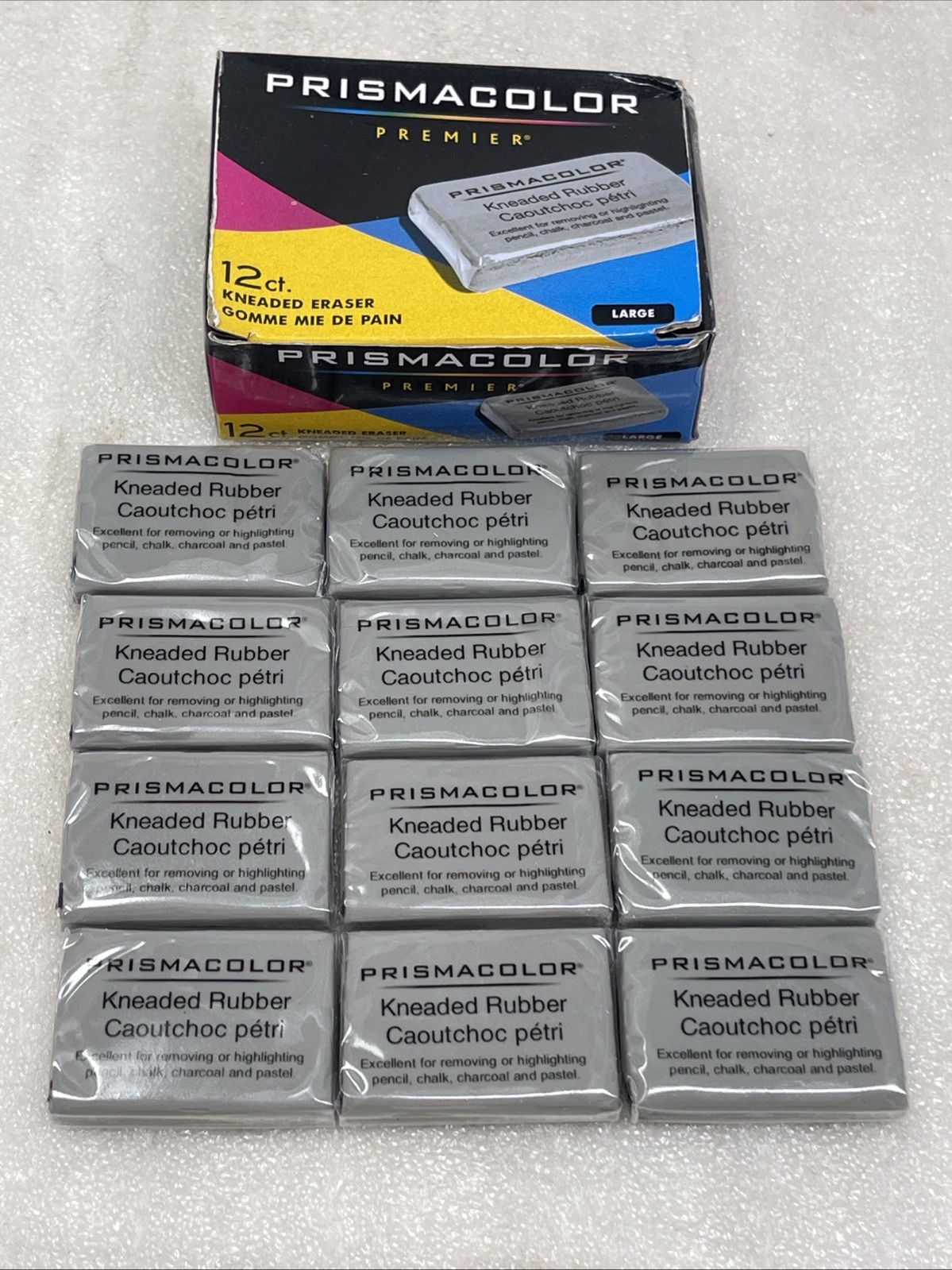 Box Of (12) Prismacolor Premier 70531 Kneaded Rubber Art Erasers, Large, New Box Of (12) Prismacolor Premier 70531 Kneaded Rubber Art Erasers, Large, New