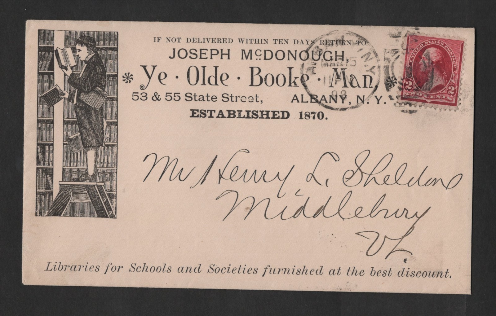 Us 1892 Advertising Bookstore In Albany, N.Y. \