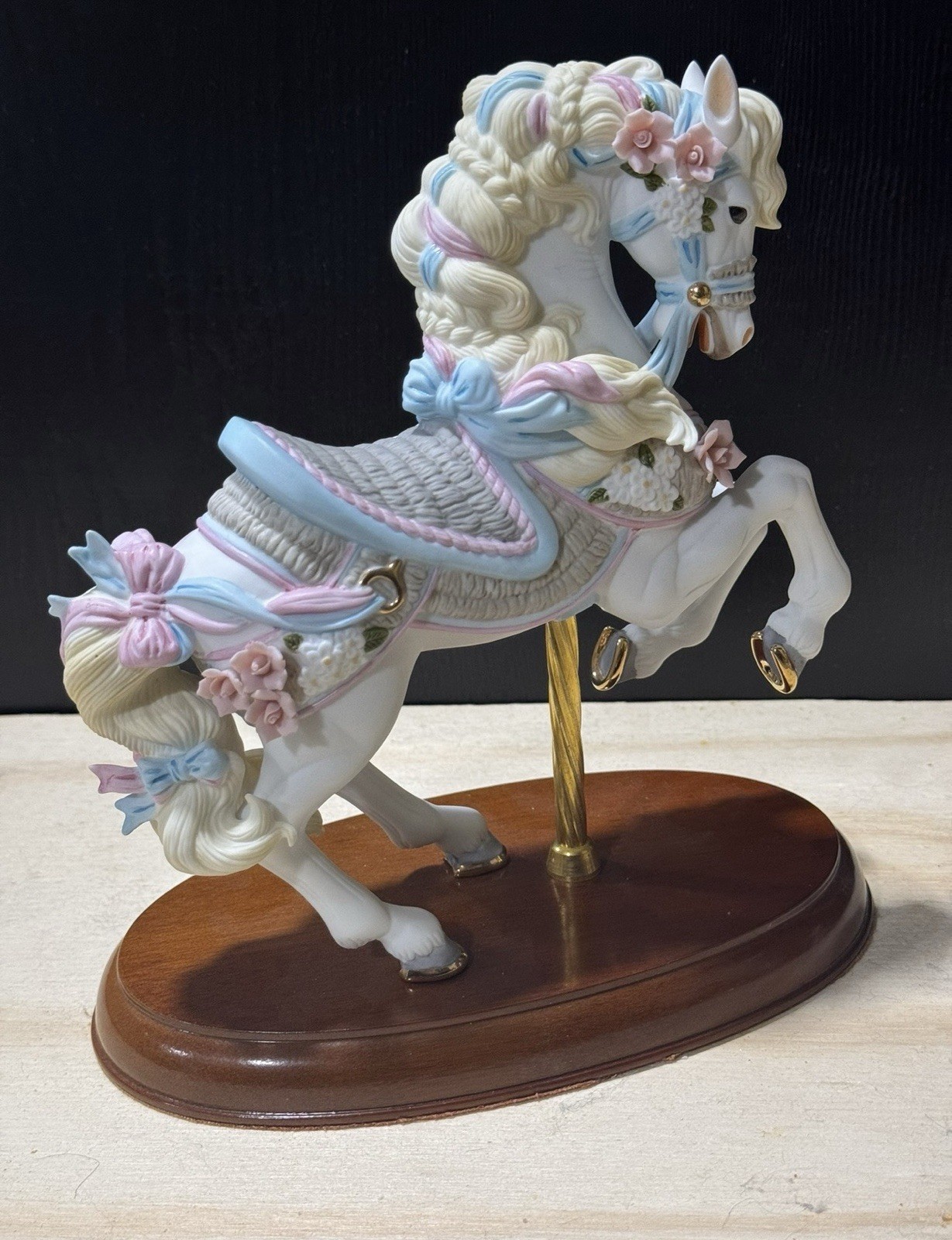 Lenox Porcelain 8” Carousel Horse 1987 1st Series ribbons & bows wood base W/BOX
