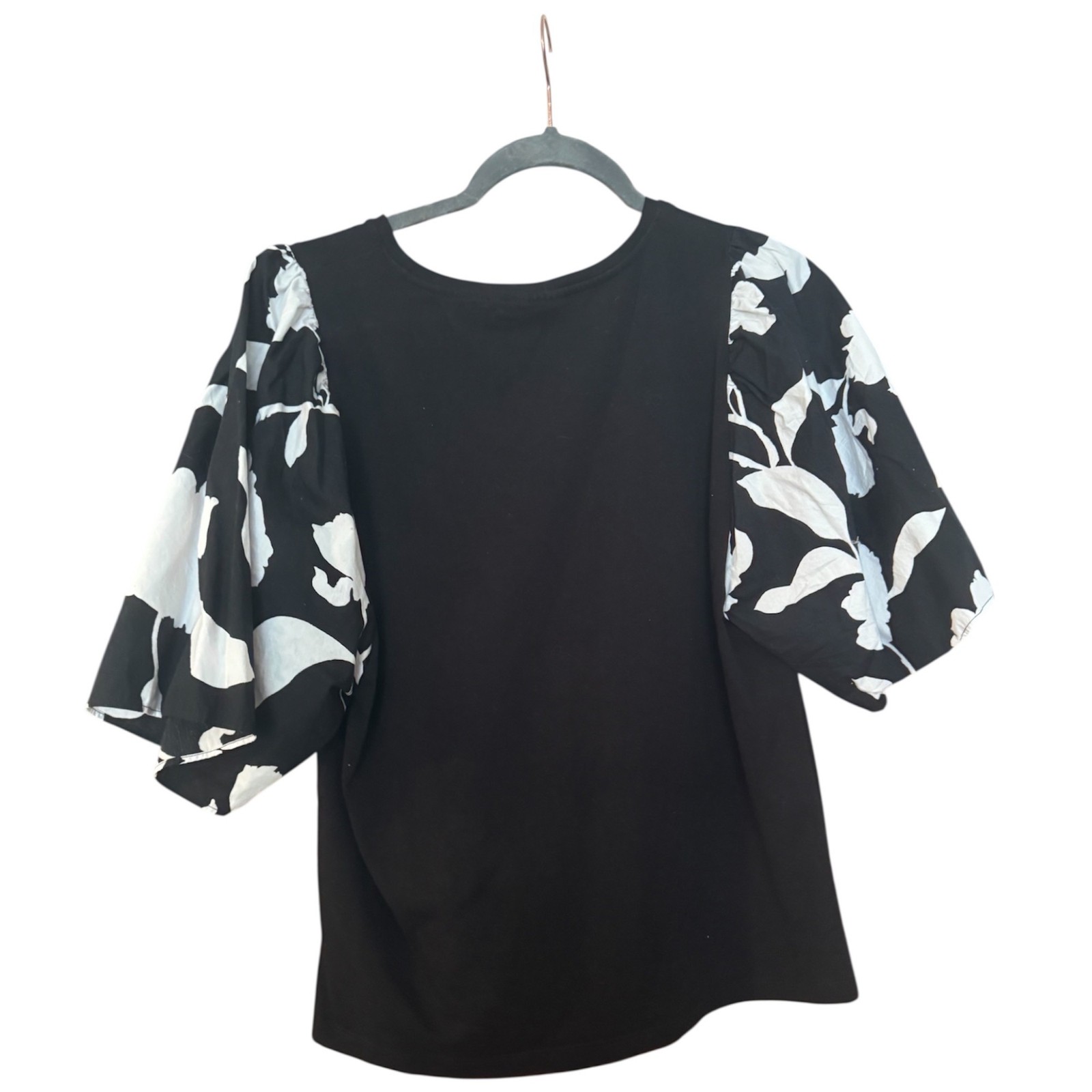 Chico\'s Black White Floral Puff Sleeve Top Women\'s Size 1 M Cotton Blouse
