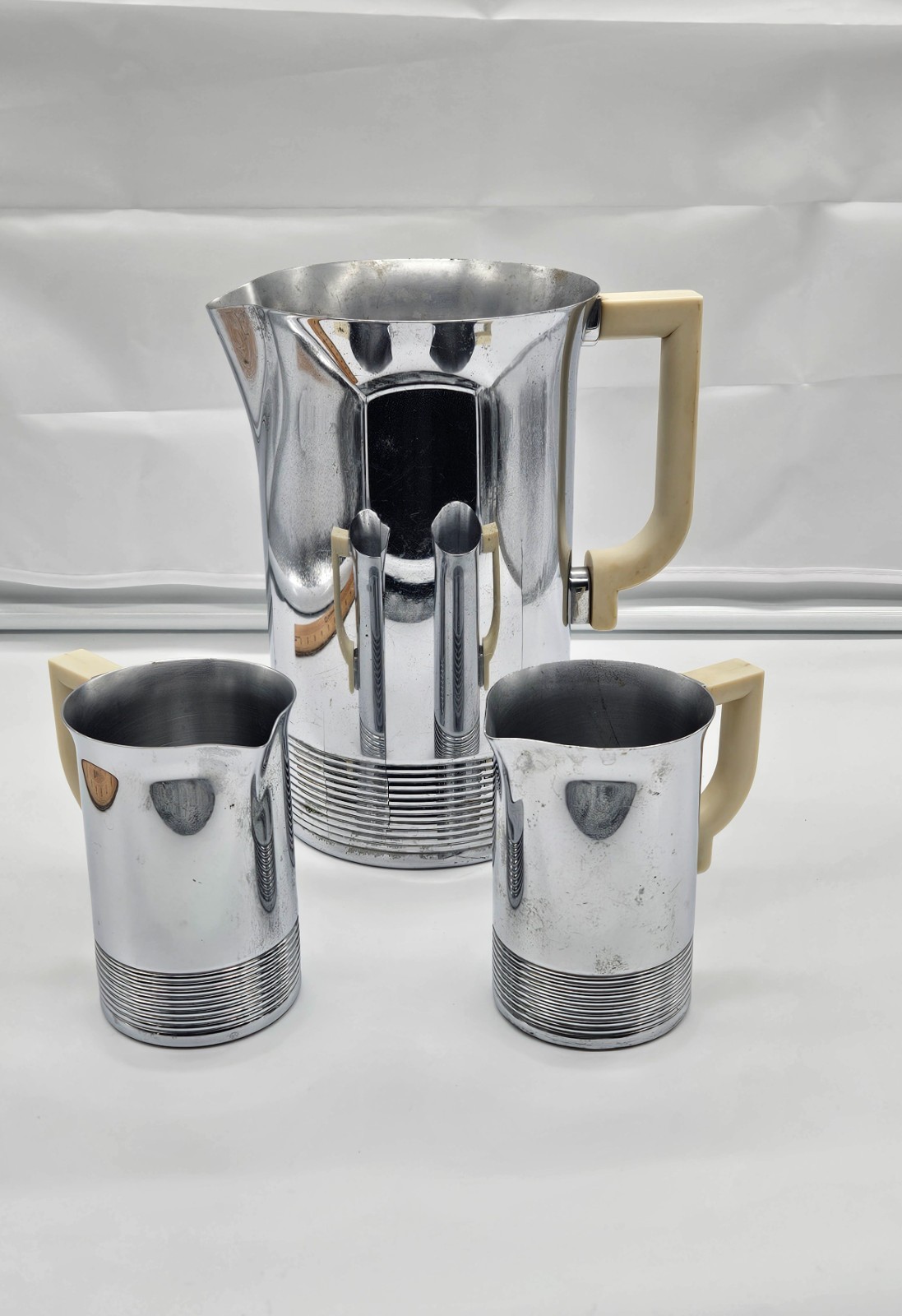 Vintage CHASE USA Chrome Cocktail Pitcher Set with Two Matching Cups