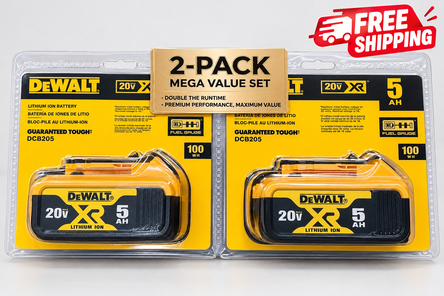 2 Pack DEWALT DCB205-2 20V Max XR 5.0Ah Lithium-Ion Battery