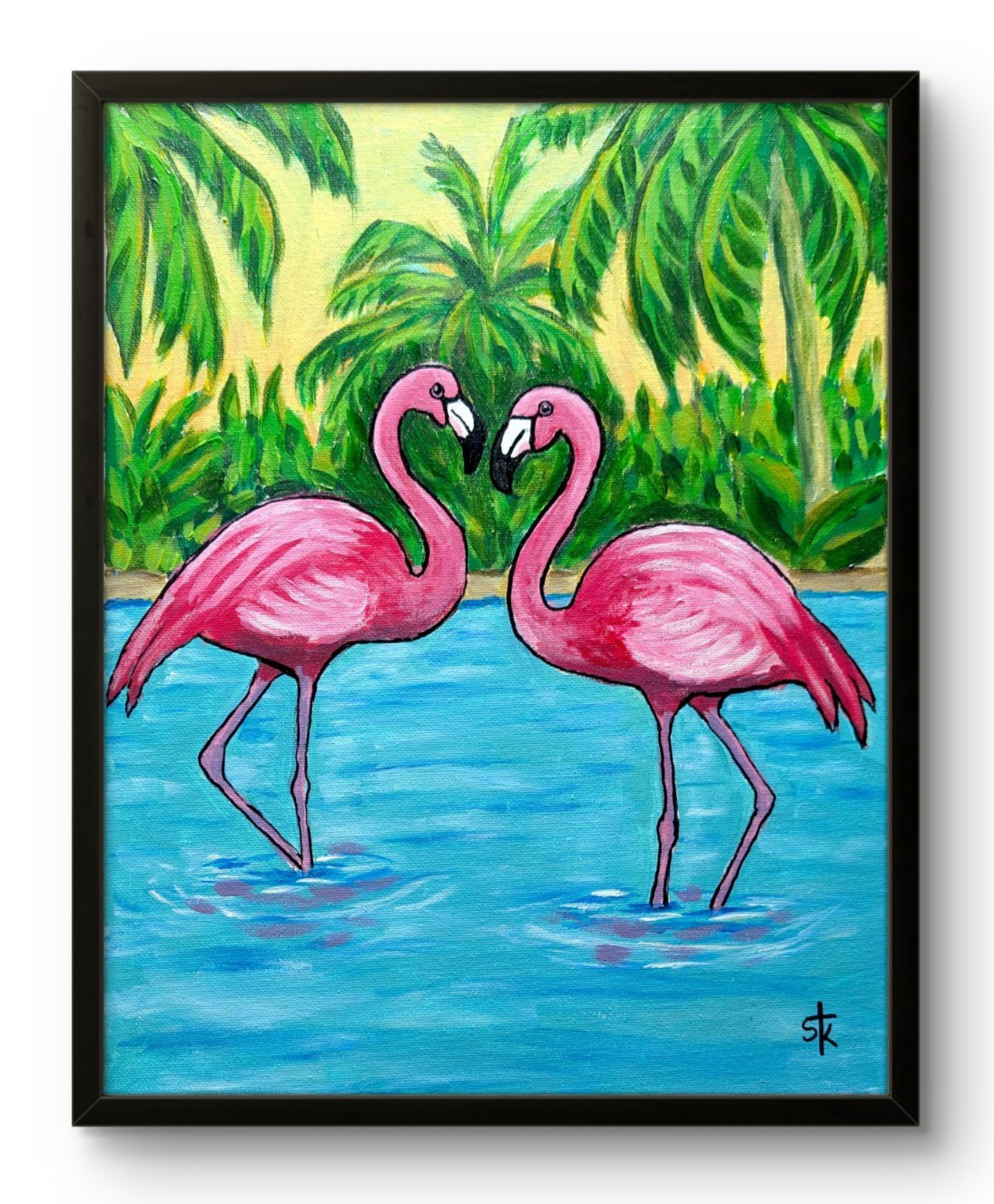 Original 11x14 Pink Flamingos Water Expressionist Acrylic Painting Canvas