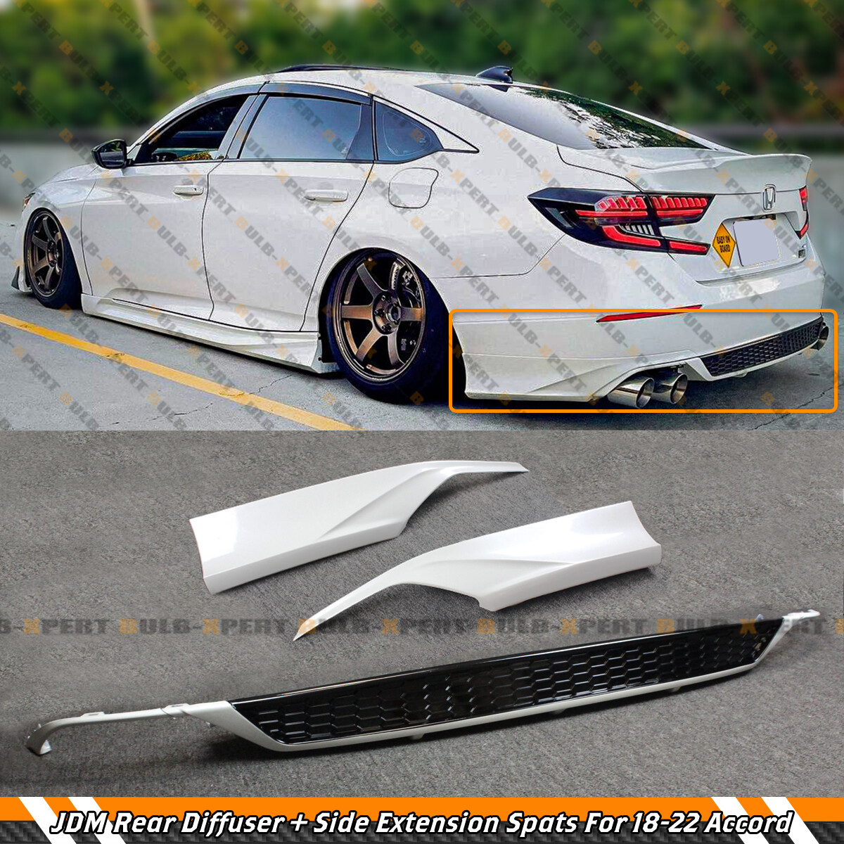 FOR 18-22 ACCORD YOFER PLATINUM WHITE PEARL REAR BUMPER DIFFUSER + CORNER APRON