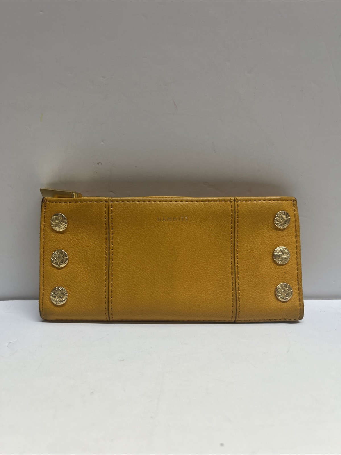 HAMMITT Bryant Continental Wallet Mustard Yellow Pebbled Leather Gold Studs