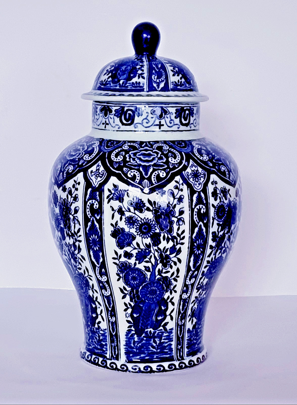 DELFT GINGER JAR BLUE & WHITE LIDDED VASE by BOCH ROYAL SPHINX DELFT GINGER JAR BLUE & WHITE LIDDED VASE by BOCH ROYAL SPHINX