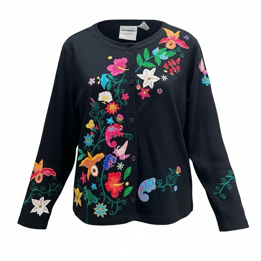 Vtg Michael Simon Black Cardigan M Embroidered Floral Chameleons Beads Sequence