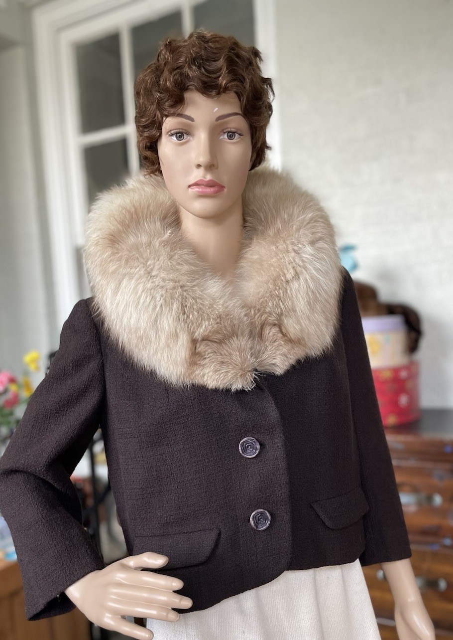 Vintage 1960s Anglo Fashions NY Wool Jacket Fox Fur Collar Aubergine Union Made