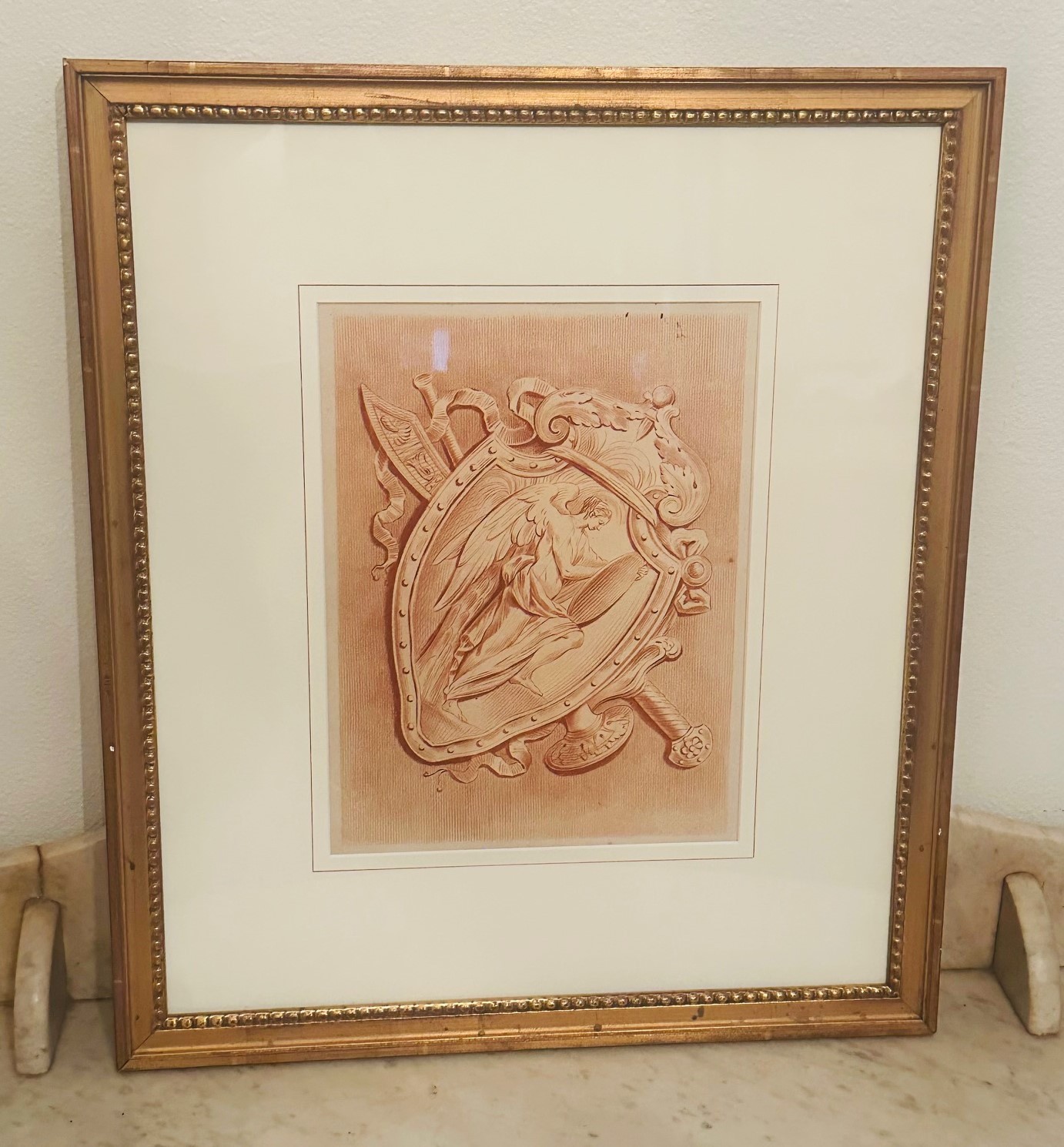 Antique French Red Chalk Drawing on Paper -   Winged Figure in Shield Crest