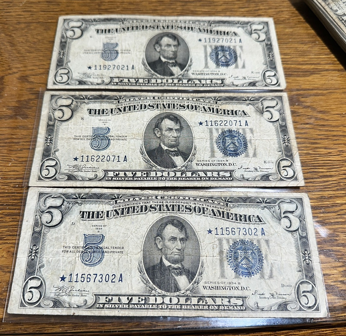 ONE (Not all 3) Scarce 1934-B $5 Silver Certificate Star* Note Orig. F/VF CHRC