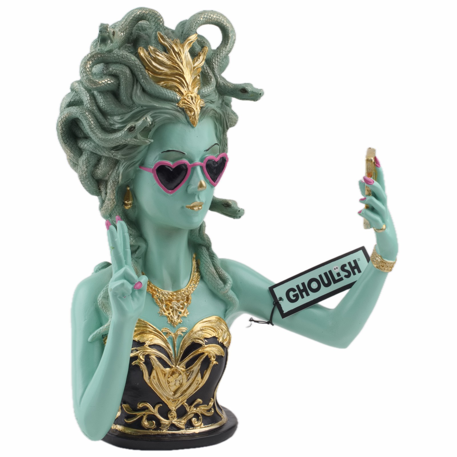 Ghoulish Medusa Bust Taking a Selfie Halloween Figure Decor Green