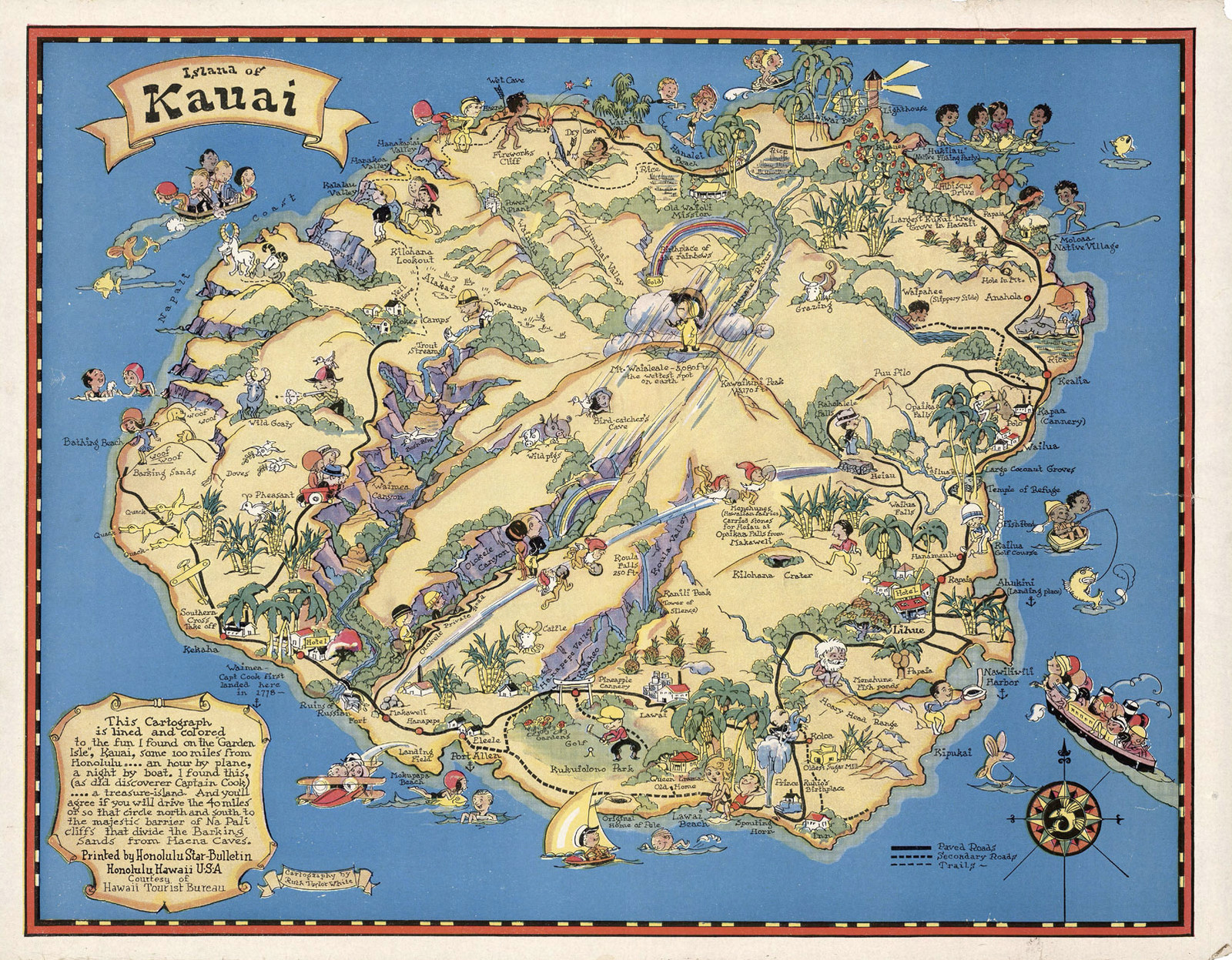 Kauai Map Historical Pictorial Hawaiian Island Vintage Wall Art Poster Print