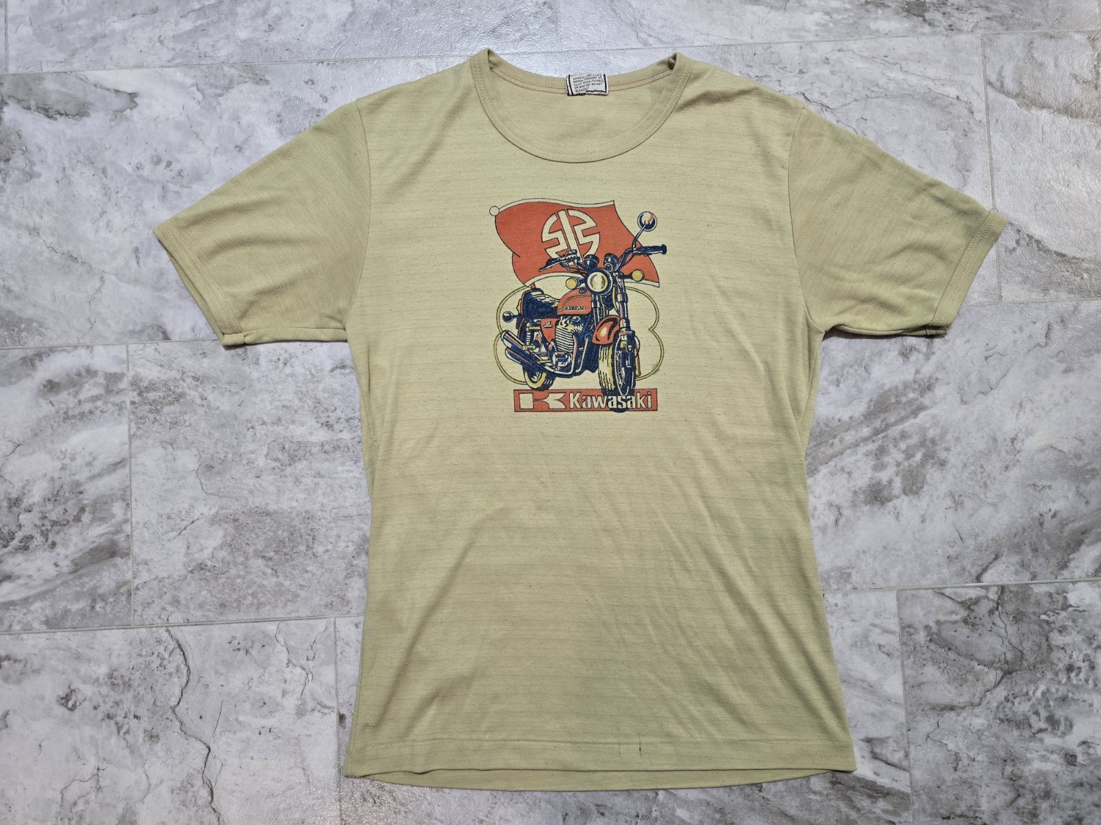 Vintage 1970s Kawasaki H1 Mach 3 Motorcycle T-Shirt Tan Single Stitch Sz M Rare