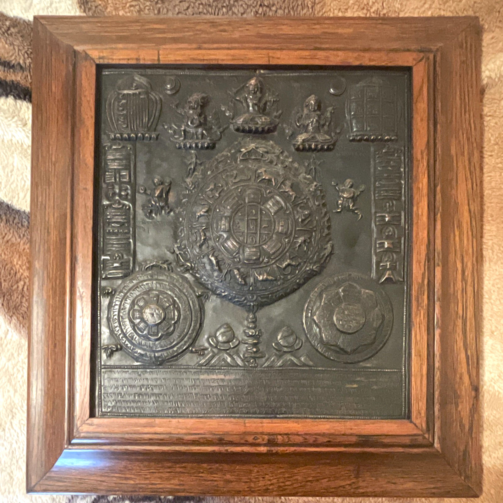 19th century Framed Buddhist Tibetan Metal Relief Panel Wall Plaque Hanging