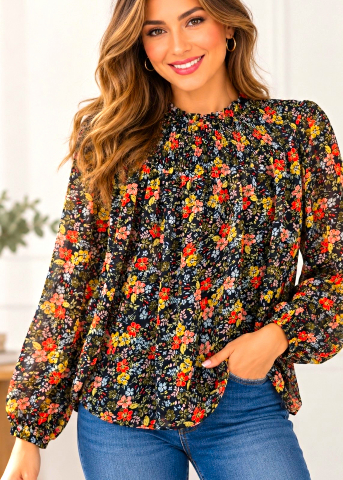 LOFT Women\'s M Black Multicolor Floral Chiffon Smocked Puff Long Sleeve Blouse