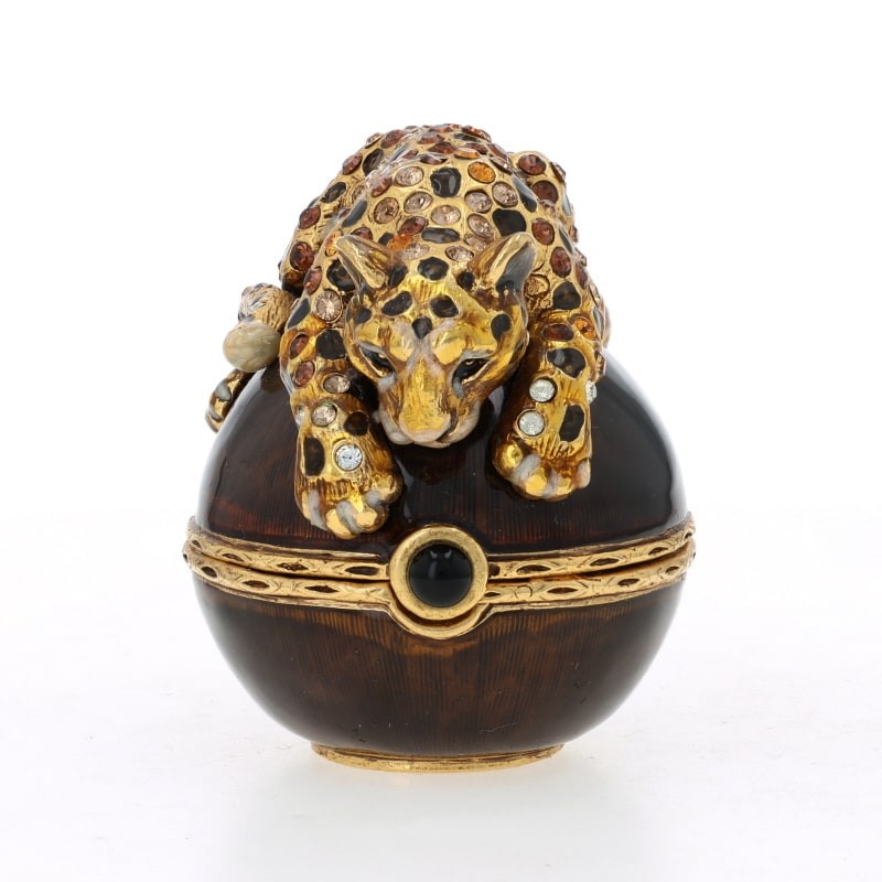 Jay Strongwater Crouching Leopard Trinket Box - Rhinestone Enamel Big Cat