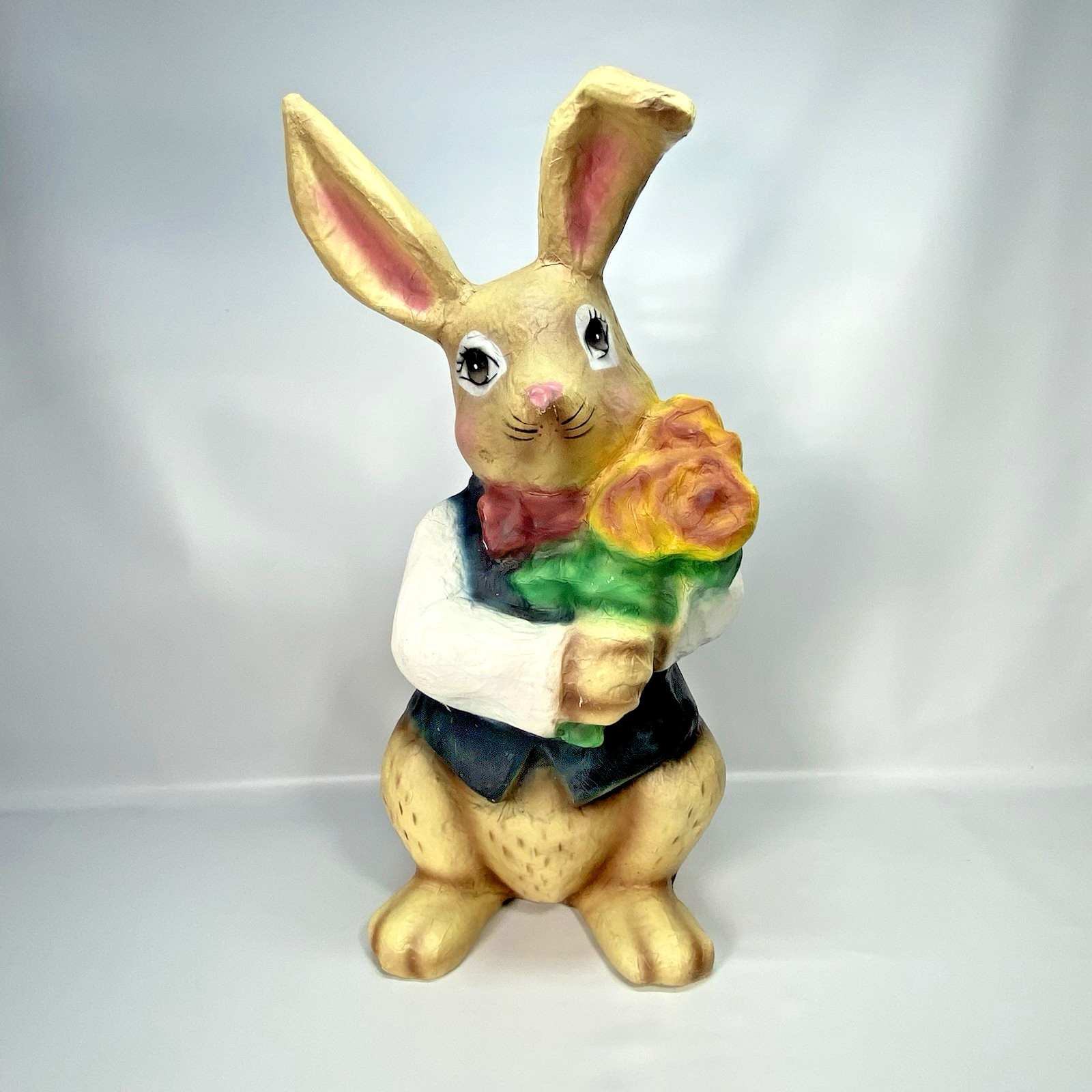 Easter Bunny Paper Mache Made - Mr. Rabbit Vintage Holding Flowers 17\ Easter Bunny Paper Mache Made - Mr. Rabbit Vintage Holding Flowers 17\