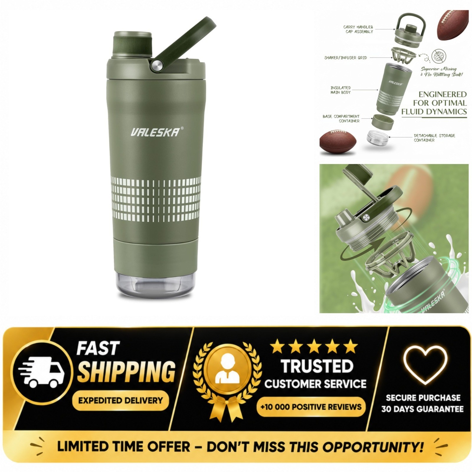 VALESKA 24oz Insulated Protein Shaker Bottle Stainless Steel Leak Proof Green
