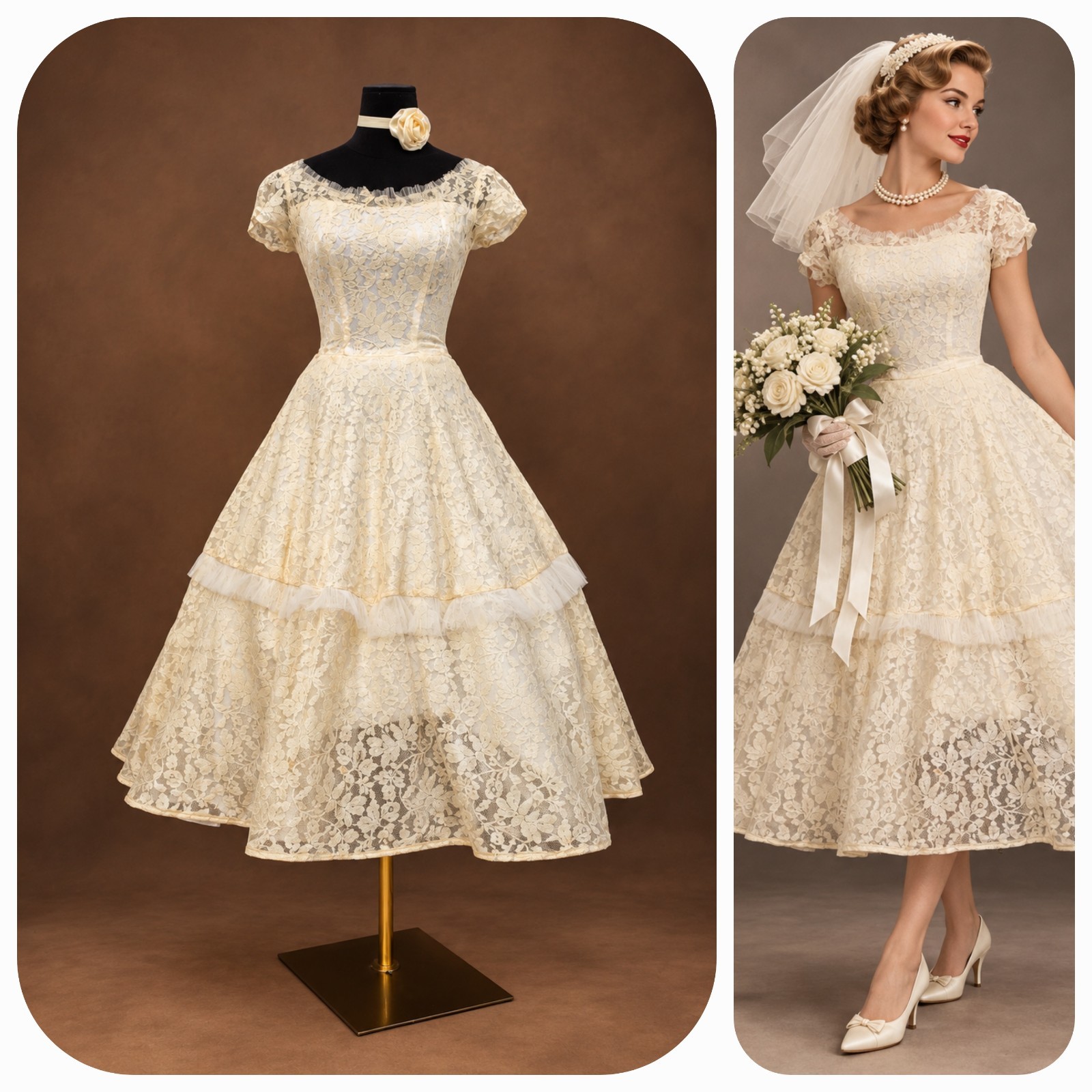 Vintage 1950s Mid-Century Ivory Lace Tea Length Wedding Dress Bridal 