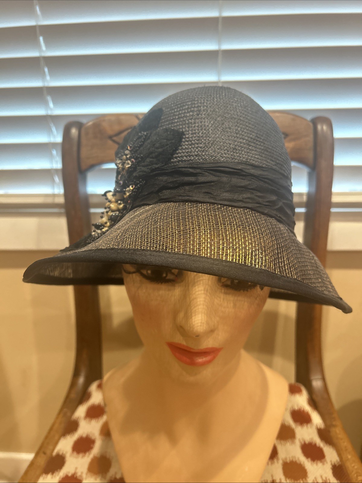 Louise Green Black Straw Cloche Hat With Velvet And Sequin Accent