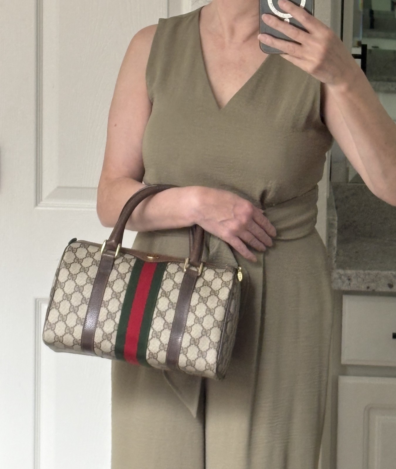 Vintage Gucci Brown GG Canvas Signature Web Ophidia Small Boston Bag