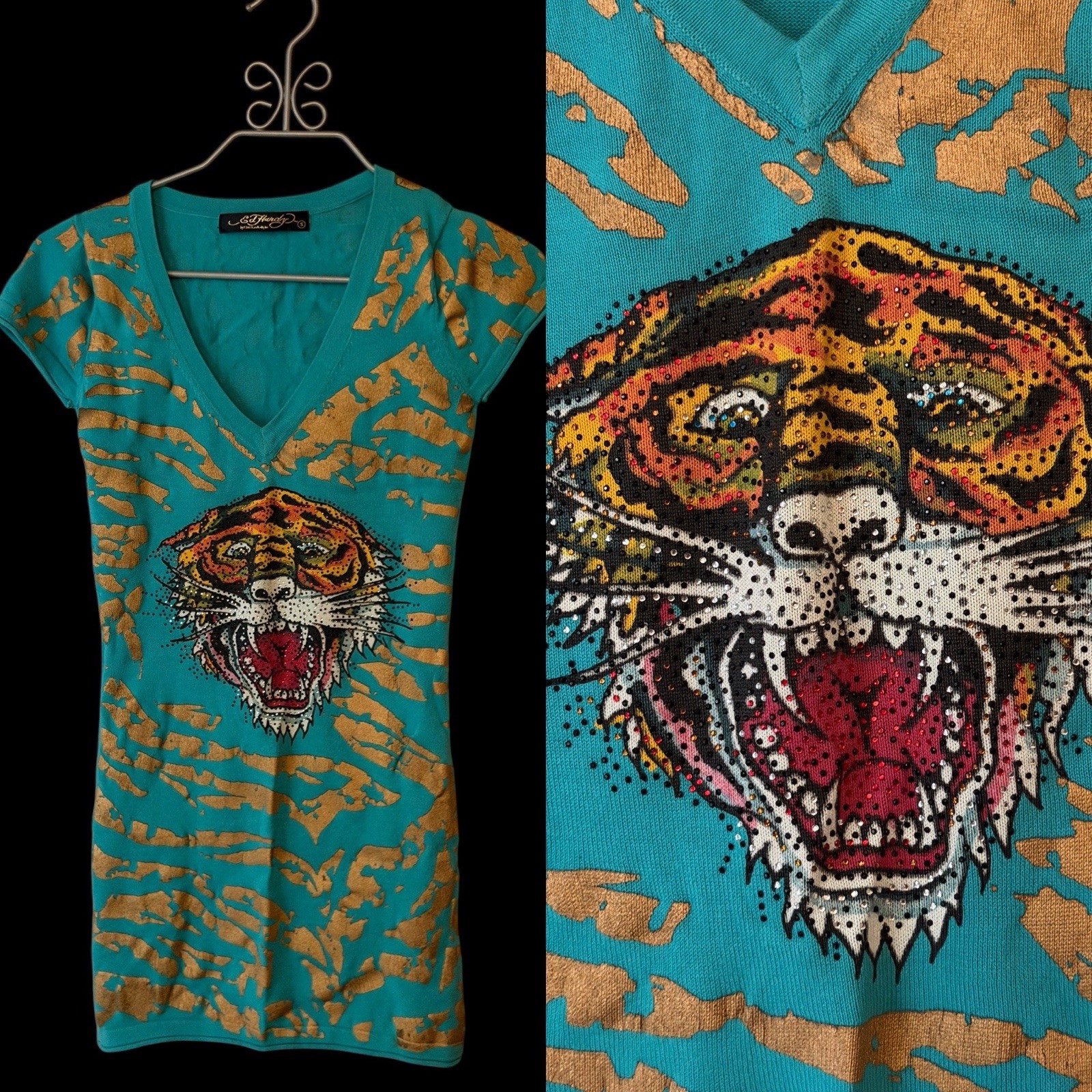Vtg Ed Hardy by Christian Audigier Green Rhinestone Tiger V-neck Sweater - Sz S Vtg Ed Hardy by Christian Audigier Green Rhinestone Tiger V-neck Sweater - Sz S