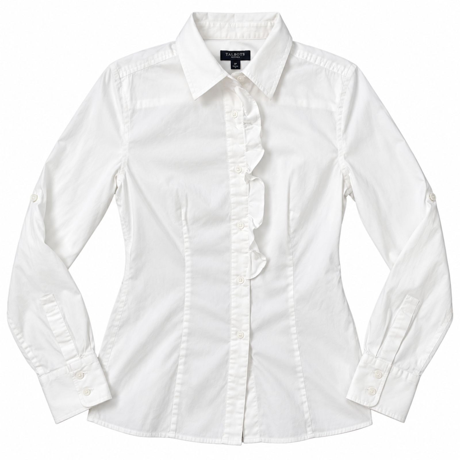 Talbots Petites Womens 2P White Ruffle Front Roll Tab Sleeve Button Down Shirt