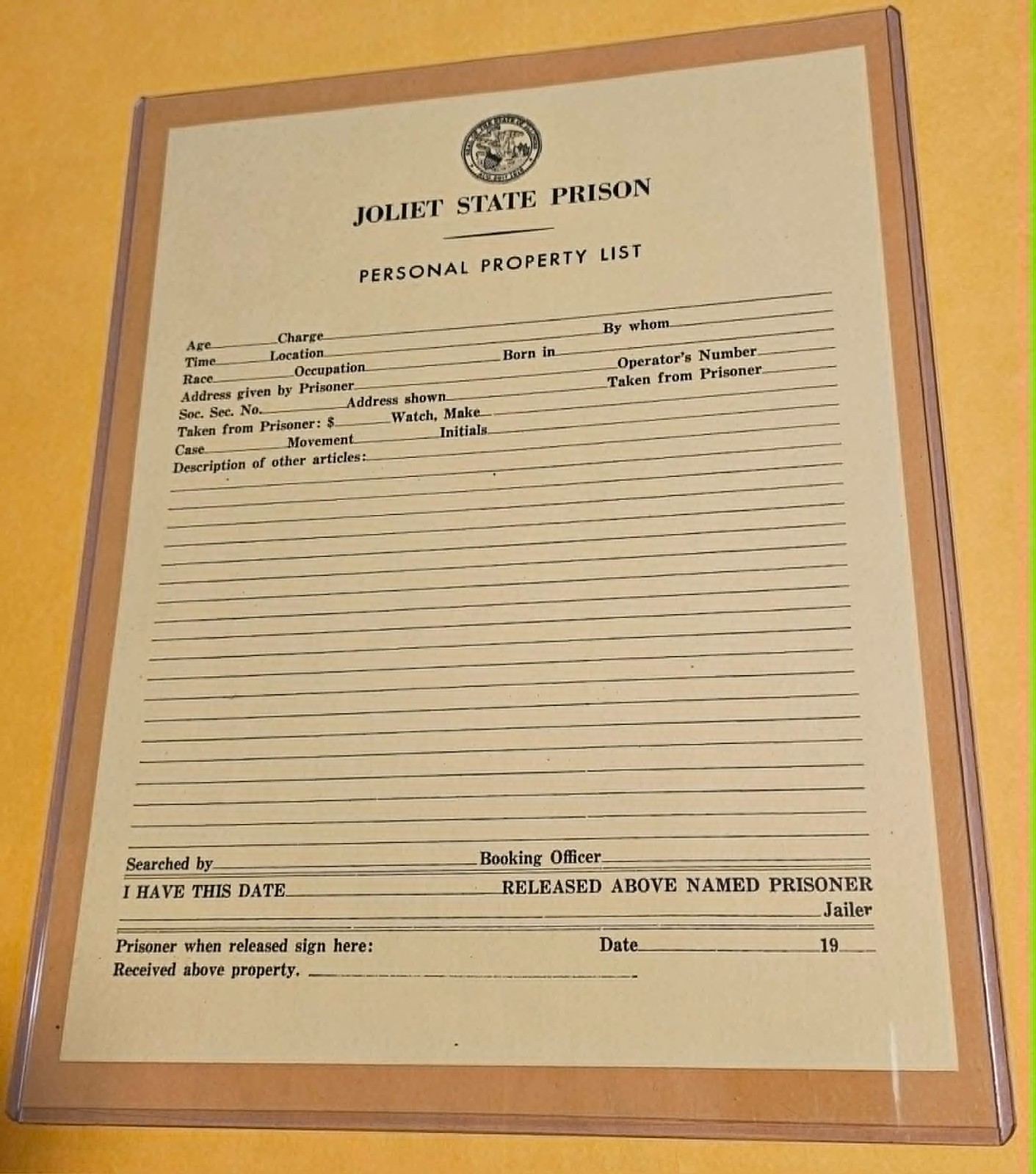 The Blues Brothers - Original Movie Prop - Joliet Prison Personal Property List The Blues Brothers - Original Movie Prop - Joliet Prison Personal Property List