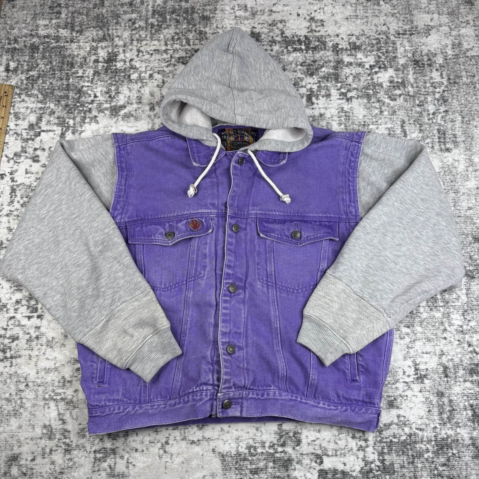 Vintage 1990s Bugle Boy Denim Jacket Built-In Hoodie Streetwear Grunge Skate XL