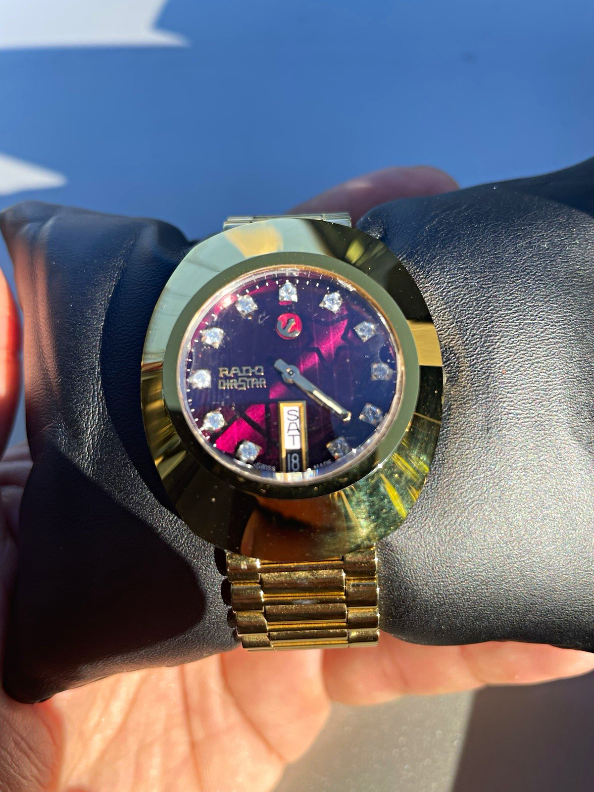Rado DiaStar Quartz Purple Dial Diamond Markers Day/Date Gold Bracelet Box