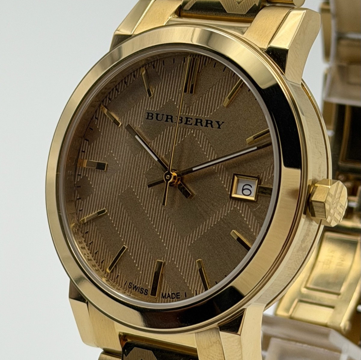 BURBERRY The City BU9038 38MM Checked Trademark Swiss Gold Unisex Watch